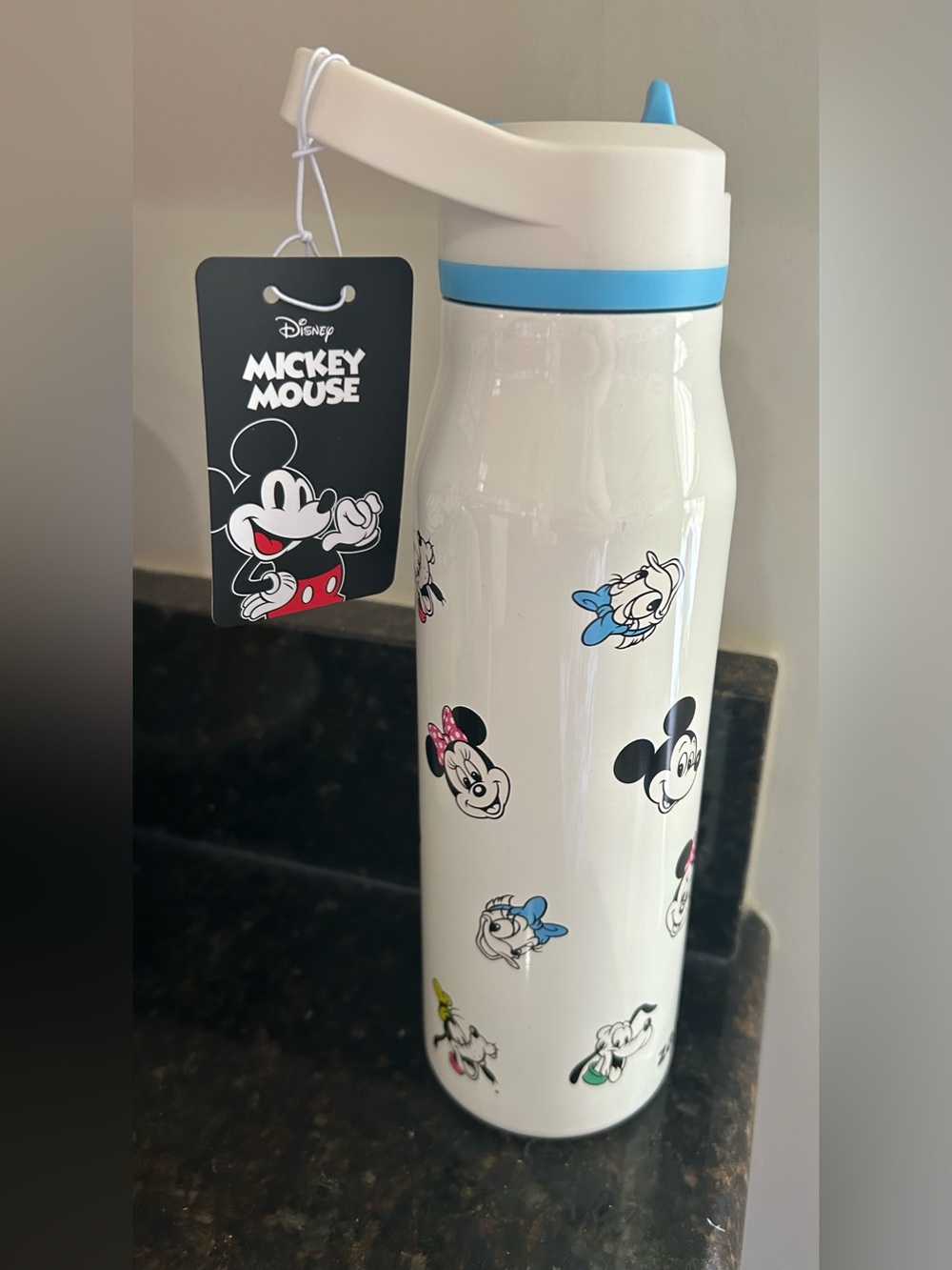 Disney White Stainless Steel Bottle with Blue Accent and Character Print
